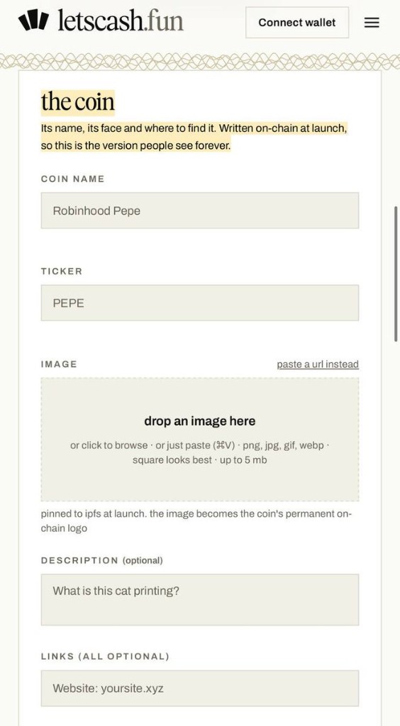 letscash.fun create form prefilled with Robinhood Pepe and PEPE
